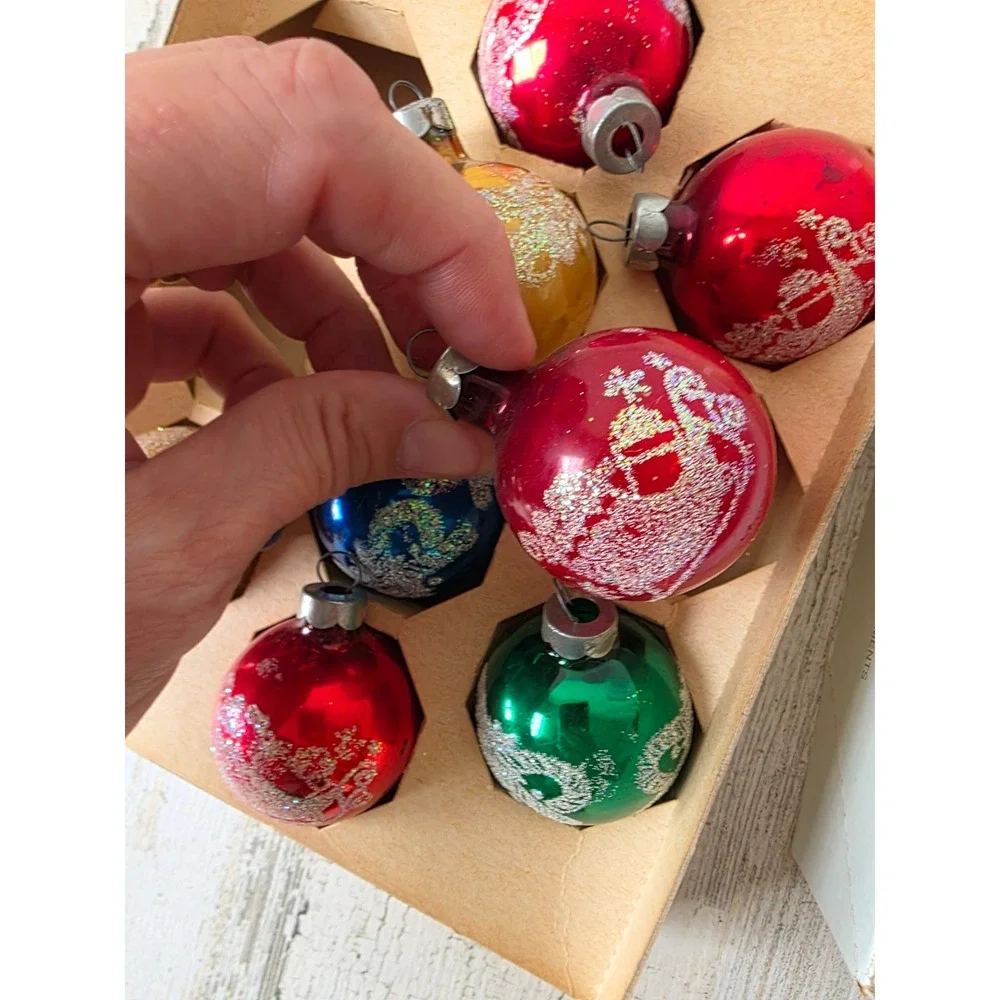 Vintage Rauch glitter stencil Mica glass ornament set box Xmas tree candy cane